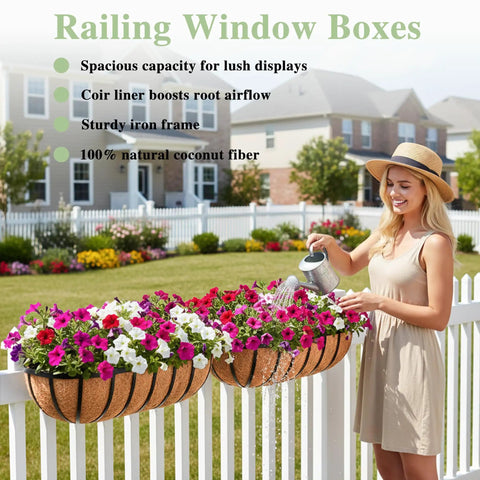 36 Inch Railing Planter Window Box for Deck and Balcony with Coco Liner and Metal Wall Mount Two Pack, filled with flowers.