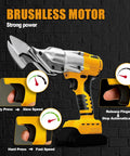 Cordless Metal Shear Sheet Cutter With 360 Degree Pivoting Head on black background, showing speed control