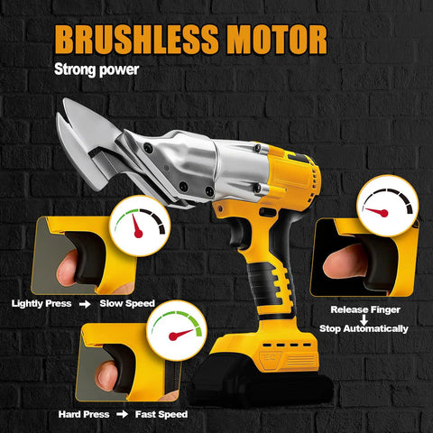 Cordless Metal Shear Sheet Cutter With 360 Degree Pivoting Head on black background, showing speed control