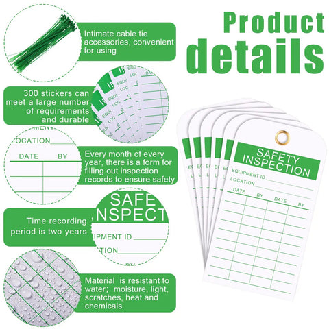 Fire Extinguisher Safety Inspection Tags 50 Pack With Green Zip Ties PVC Labels For Indoor Outdoor Use, white green inspection tags