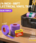 Purple Electrical Tape Five Pack Pro Grade Heavy Duty Industrial UL CSA Listed Seven Mil Thick Flame Retardant Waterproof 66 Feet PVC Tape For High Temp 600V Electric Use displayed on table with tool box in background.
