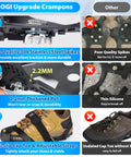 Comparison of upgraded ice cleats with 12 stainless steel spikes vs other brands showing strap and material differences