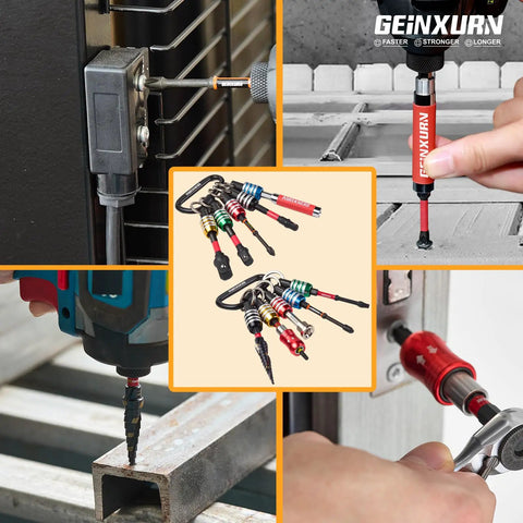 21Pcs Bit Holder Key Chain Set With One Quarter Inch Hex Shank One Handed Quick Change Release Drill Extension in use and packaging