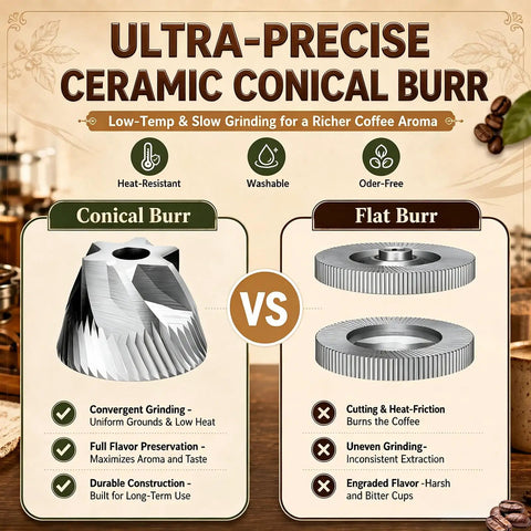 Comparison of ceramic conical burr and flat burr for coffee grinders, illustrating grinding differences and benefits.