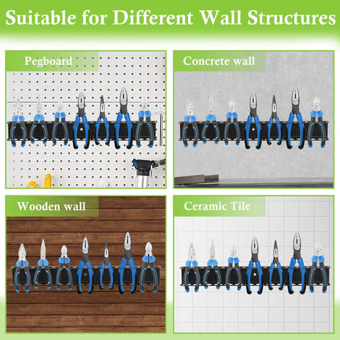 Wall Mount Screwdriver And Pliers Organizer With 14 Holes Heavy Duty Hand Tool Rack on various wall types, holding tools securely.
