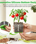 Clear 5 Inch Nursery Pots With Silicone Base for Easy Transplant No Fuss Reusable Seedling Pots 30 Pack for Vegetable Propagation Root Cutting and Seed Starting Transparent Green held in hands with plant