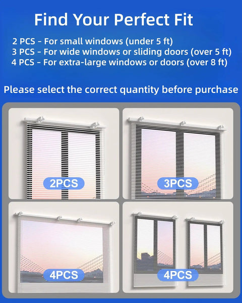Diagram showing options for Outside Mounted Curtain Rod Brackets for Rectangular Headrails 1.3 to 2 Inches, 2PCS to 4PCS, with windows.