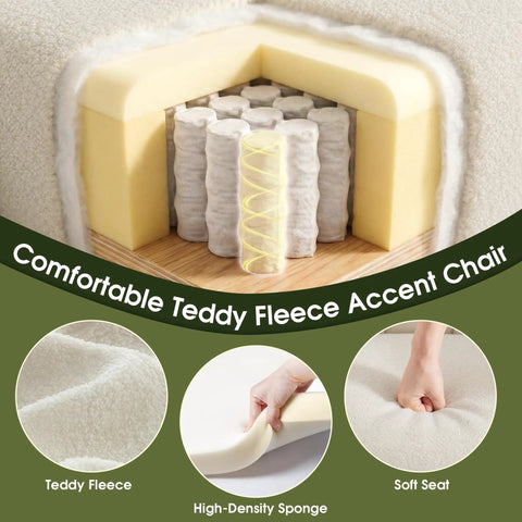 Super Snug White Barrel Accent Chair With Storage Ottoman In Thick Teddy Boucle Fleece Plush Lounge Seating For Living Room, showing plush teddy fleece material and inner foam support.