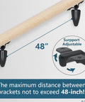 Heavy Duty Black Hand Rail Brackets Six Piece Set For Indoor Stairs And Outdoor Use Durable Three Inch Banister Support Hardware showing adjustable support with 48-inch spacing.