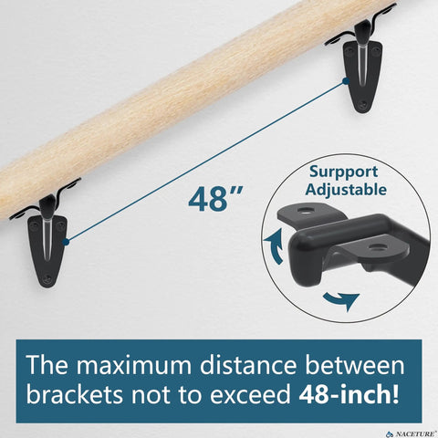 Heavy Duty Black Hand Rail Brackets Six Piece Set For Indoor Stairs And Outdoor Use Durable Three Inch Banister Support Hardware showing adjustable support with 48-inch spacing.
