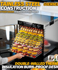 Rock Solid Commercial Food Dehydrator With 12 Stainless Steel Trays, showing colorful fruits drying on premium racks.
