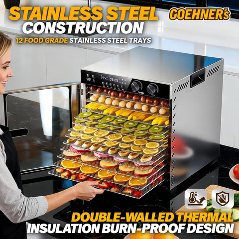 Rock Solid Commercial Food Dehydrator With 12 Stainless Steel Trays, showing colorful fruits drying on premium racks.