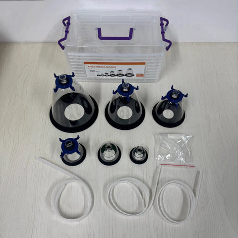 Top Notch Six Sizes Veterinary Anesthesia Mask Kit For Dogs Cats Birds And Pets With Universal Connector laid out with storage box