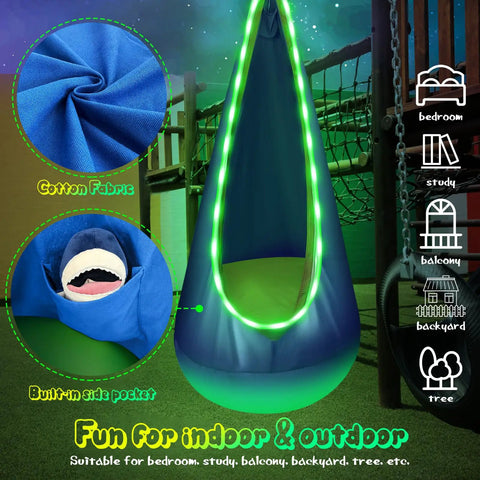 Light Up Kids Pod Swing Chair with LED Lights, Upgraded Cotton Hammock for Indoor and Outdoor Play showing fabric and pocket.