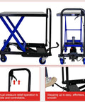 Heavy Duty Hydraulic Lift Trolley And Fold Down Rolling Table Cart For Auto Shops Features Quick Release Platform with adjustable height.