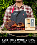 Person holding wood tray with grilled meats and 4 Probe WiFi Smart Meat Thermometer With Guided Cook System And Real Time Alerts Long Range