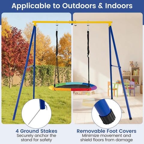 Heavy Duty 550lbs Metal Swing Set for Backyard Built Like a Tank Full Steel A Frame Swing Stand All Weather with Ground Stakes Adjustable Ropes Kid Approved Indoor Outdoor Fun Gift in outdoor and indoor settings; blue and yellow A-frame; circular swing.