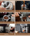 54mm Espresso Accessories Kit With Spring Loaded Calibrated Tamper WDT Tool And Dosing Funnel For Breville 54mm Espresso Machines And Portafilters Legit Barista Upgrade For A Clean Consistent Home Brew in use showing steps from dosing funnel placement to espresso shot extraction.