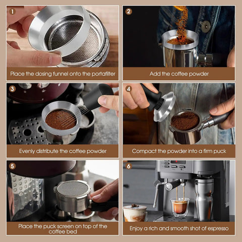 54mm Espresso Accessories Kit With Spring Loaded Calibrated Tamper WDT Tool And Dosing Funnel For Breville 54mm Espresso Machines And Portafilters Legit Barista Upgrade For A Clean Consistent Home Brew in use showing steps from dosing funnel placement to espresso shot extraction.