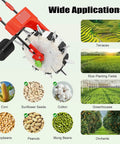 Walk Behind Hand Push Seeder With Ten Equidistant Nozzles, images of applications like corn, cotton, greenhouses, orchards