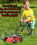 Child playing with Realistic Toddler Garden Tool Set With Toy Leaf Blower Chainsaw And Lawn Mower Plus Safety Goggles in backyard