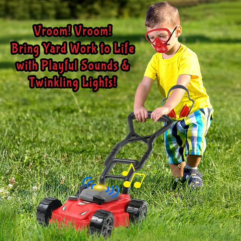 Child playing with Realistic Toddler Garden Tool Set With Toy Leaf Blower Chainsaw And Lawn Mower Plus Safety Goggles in backyard