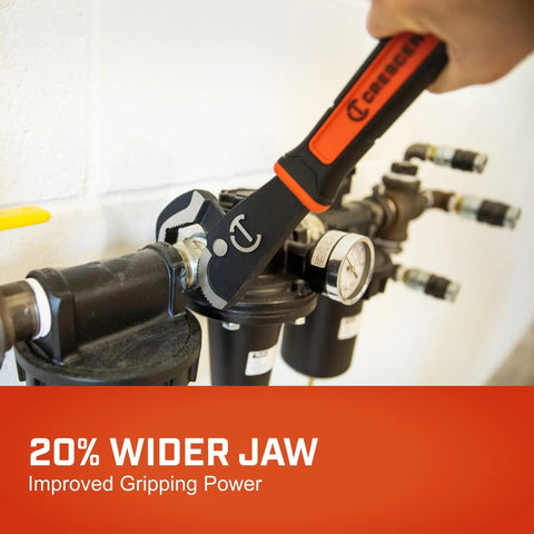 Person using 12 Inch Self Adjusting Pipe Wrench With Dual Material Handle For Black Iron Galvanized PVC And Copper Plumbing Quick Grip Release For Fast One Hand Use on piping system