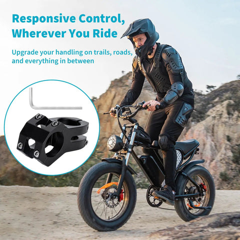 Rider on bike in protective gear, inset of Lightweight Aluminum Mountain Bike Stem, 31.8mm Handlebar Clamp, Allen Wrench included