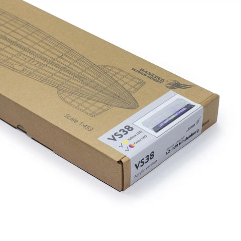 Box of Dope 3D Zeppelin Puzzle Kit With Acrylic Display Light Box For Adults, Hindenburg 1:453 Scale, side view packaging