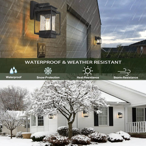 Two Pack Outdoor Wall Light Sconces Aluminum Rust Proof Porch Fixture With Crack Glass For Exterior Home Entryway Balcony Patio And Front Porch Weather Resistant Black Sand Finish during a snowy day