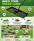 Diagram showing Lawn Leveling Rake 30 Inch Wide Plate For Quick Yard Smoothing with before and after yard images.