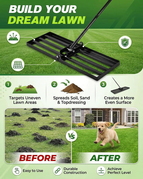 Diagram showing Lawn Leveling Rake 30 Inch Wide Plate For Quick Yard Smoothing with before and after yard images.