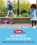 Children playing outdoors with Stainless Steel Water Bottles, showcasing Thermos Kids durability for playtime use.