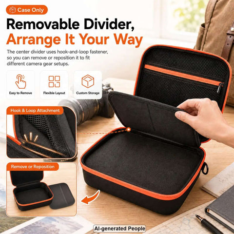 Rugged Hard Shell Case With Custom Cut Foam For Compact Mirrorless Cameras And Photo Gear Boss Level Protection Snug Custom Layout For Canon Sony Nikon Fujifilm Camera Setups with removable divider and hook-and-loop fastener.