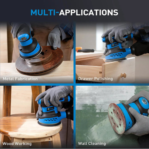 72 Piece 5 Inch 8 Hole Hook And Loop Sanding Discs Set For Random Orbital Sander with various applications shown