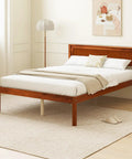 Rock Solid Mid Century Modern Full Size Wood Platform Bed With Reinforced Slat Support And Roomy 16 Inch Under Bed Storage No Box Spring Needed For Hassle Free Assembly In Classic Walnut Finish in a cozy bedroom setting.