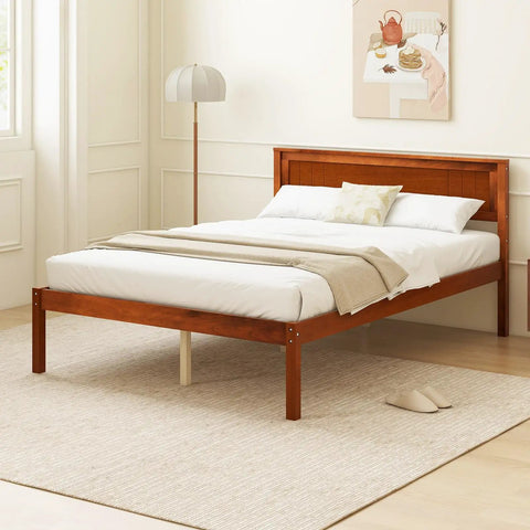 Rock Solid Mid Century Modern Full Size Wood Platform Bed With Reinforced Slat Support And Roomy 16 Inch Under Bed Storage No Box Spring Needed For Hassle Free Assembly In Classic Walnut Finish in a cozy bedroom setting.