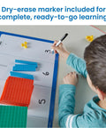 Child using dry-erase mat and marker with Multicolored Base Ten Blocks Activity Set Fun Hands On Place Value Learning Math Manipulatives For First Grade Counting Cubes Small Group Classroom Must Haves 133 Piece Set