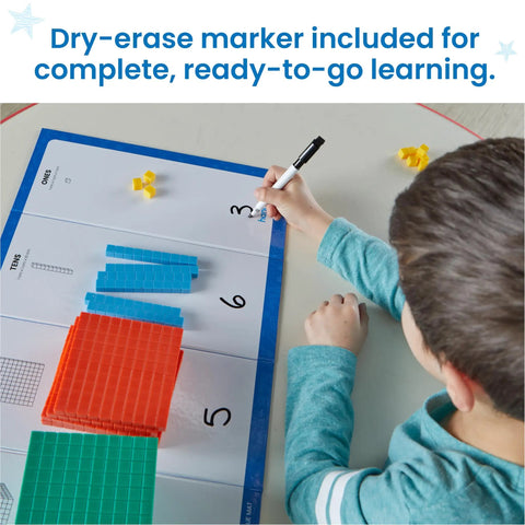 Child using dry-erase mat and marker with Multicolored Base Ten Blocks Activity Set Fun Hands On Place Value Learning Math Manipulatives For First Grade Counting Cubes Small Group Classroom Must Haves 133 Piece Set