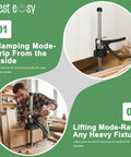 Heavy Duty Furniture Jacks 2 Pack Labor Saving Lifting Handles for Sofas Beds and Cabinets demonstrating clamping and lifting modes.