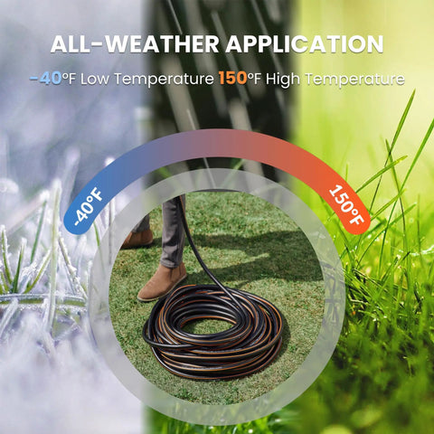 Heavy Duty Garden Hose 6 Feet Long 5/8 Inch Hybrid Water Hose coiled on grass with all-weather application temperatures -40°F to 150°F.