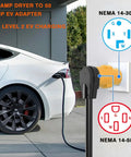 NEMA 14-30P To 14-50R EV Charger Adapter for Home Use, connected to car, 30 Amp dryer outlet to 50 Amp Level 2 charging