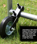 6 Inch Heavy Duty Metal Gate Caster For 1 5 Eighths To 2 Inch Frame, Chain Link Fence Support, Black Finish installed on gate
