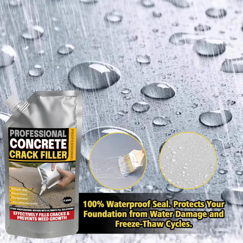 Package of Professional Concrete Crack Filler with raindrops background, highlighting waterproof and protective properties.