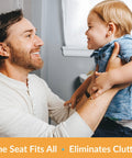 Father and child smiling, embracing in bathroom near Next Step 2 Toilet Seat With Built In Potty Training Seat For Adults And Kids Slow Close Removable And Never Loosen Round White 2 Pack For Busy Family Bathrooms.