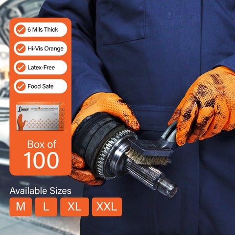 Disposable hi-vis orange mechanic gloves, 6 mil, latex-free, raised diamond grip, box of 100