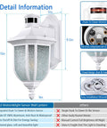 Motion Sensor Outdoor Light With Dusk To Dawn, Wall Mount Lantern showing dimensions and features like motion sensor and easy installation.