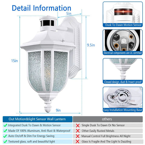 Motion Sensor Outdoor Light With Dusk To Dawn, Wall Mount Lantern showing dimensions and features like motion sensor and easy installation.