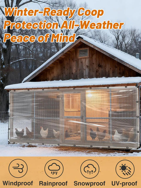 Heavy Duty 6.6 By 13 Ft Clear Tarp Waterproof With Grommets, covering chicken coop against snow, displayed on outdoor enclosure