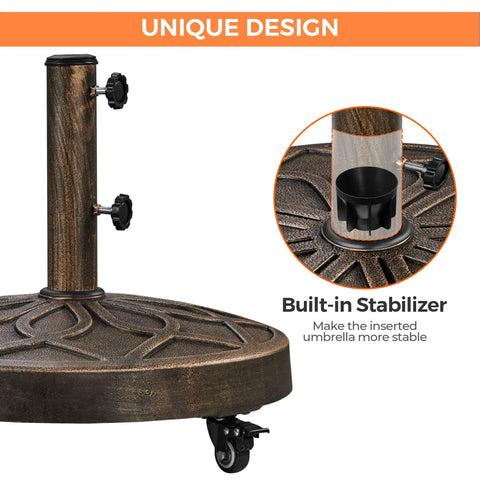 Heavy Duty Round Umbrella Base With Four Lockable Wheels And Two Knobs Antiqued Bronze Outdoor Stand detail view